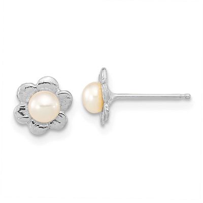 Madi K 3-4mm White Button Freshwater Cultured Pearl Flower Post Earrings 14k White Gold, XFW617E,