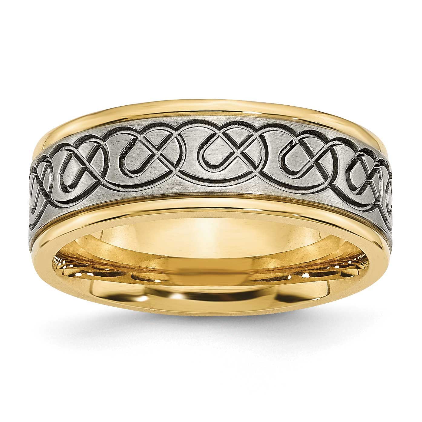 Yellow IP-plated Scroll Design 8mm Grooved Edge Band Titanium Brushed and Polished, TB312-8, 883957