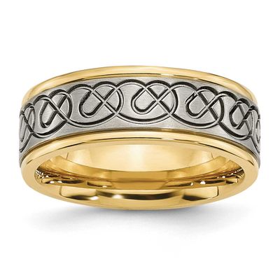Yellow IP-plated Scroll Design 8mm Grooved Edge Band Titanium Brushed and Polished, TB312-8, 883957