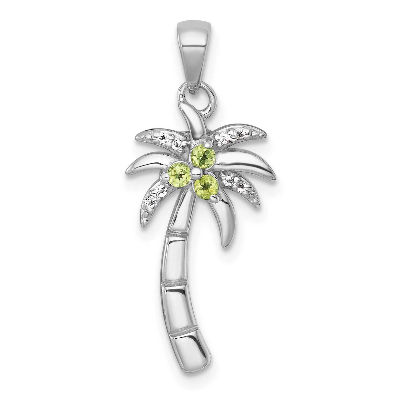 Polished and Grooved Peridot and White Topaz Palm Tree Pendant Sterling Silver Rhodium-plated, QP59