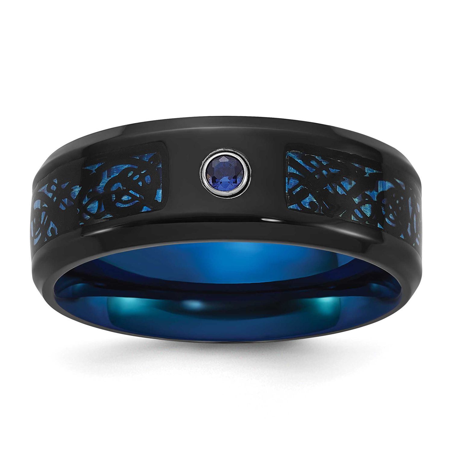 Black and Blue IP-plated with CZ Carbon Fiber Inlay in Clear Epoxy 8mm Band Stainless Steel Polishe