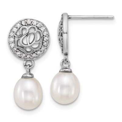 6-7mm White Rice Freshwater Cultured Pearl and CZ Post Dangle Earrings Sterling Silver Rhodium-plat