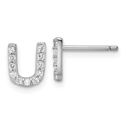 Cheryl M Polished Letter U CZ Initial Post Earrings Sterling Silver Rhodium-plated, QCM1867U,