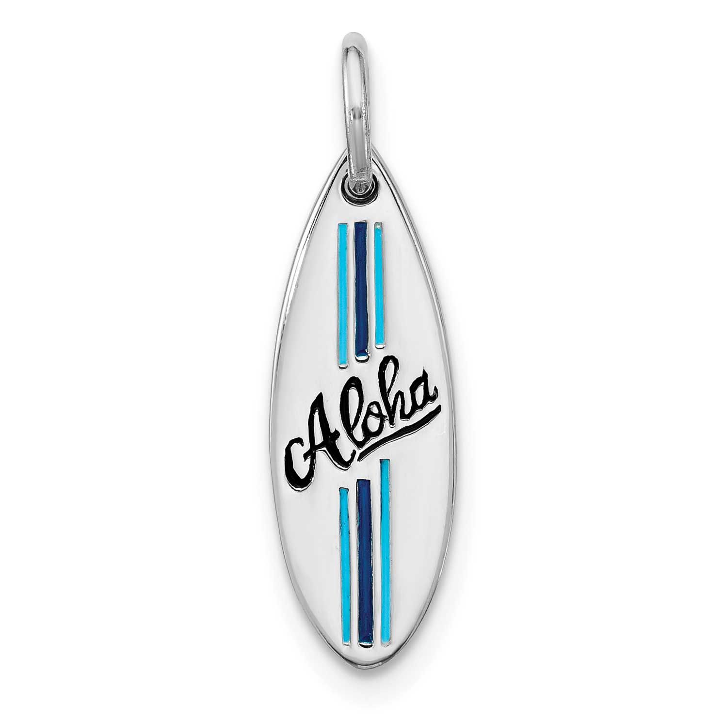 Polished Blue and Black Enamel Aloha Surfboard Pendant Sterling Silver Rhodium-plated, QP5908,
