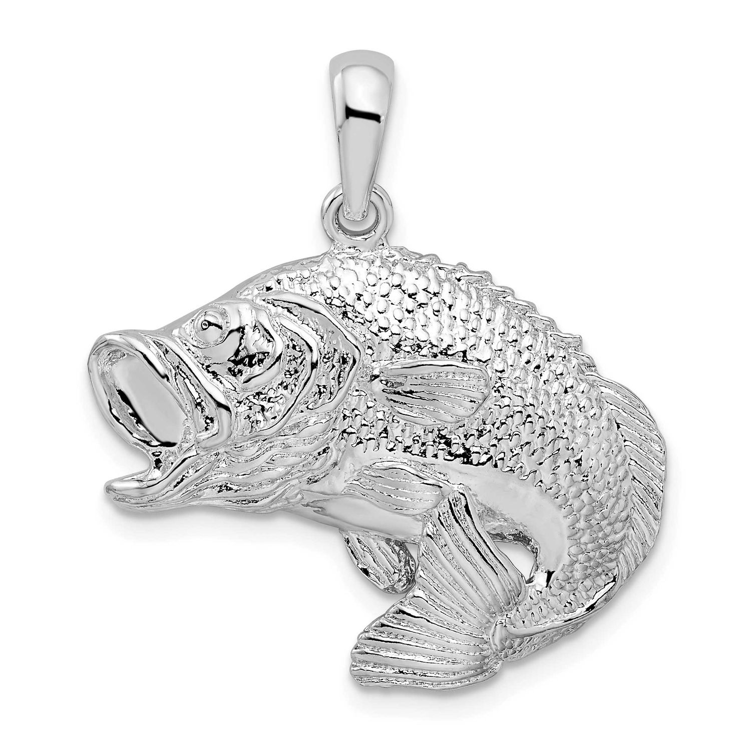 De-Ani Polished Jumping Bass Fish Pendant Sterling Silver Rhodium-plated, QC9857, 637218146291