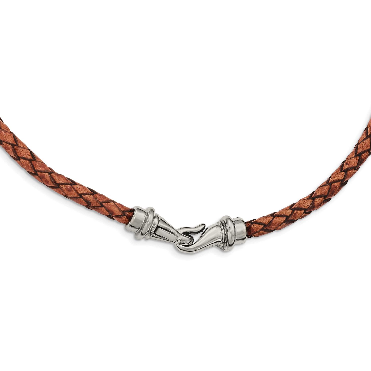 Woven Brown Leather 19.5 inch Necklace Stainless Steel Polished, SRN1803-19.5, 191101471797