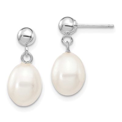 7-8mm White Rice Freshwater Cultured Pearl Dangle Post Earrings 10k White Gold, 10XFW251E,
