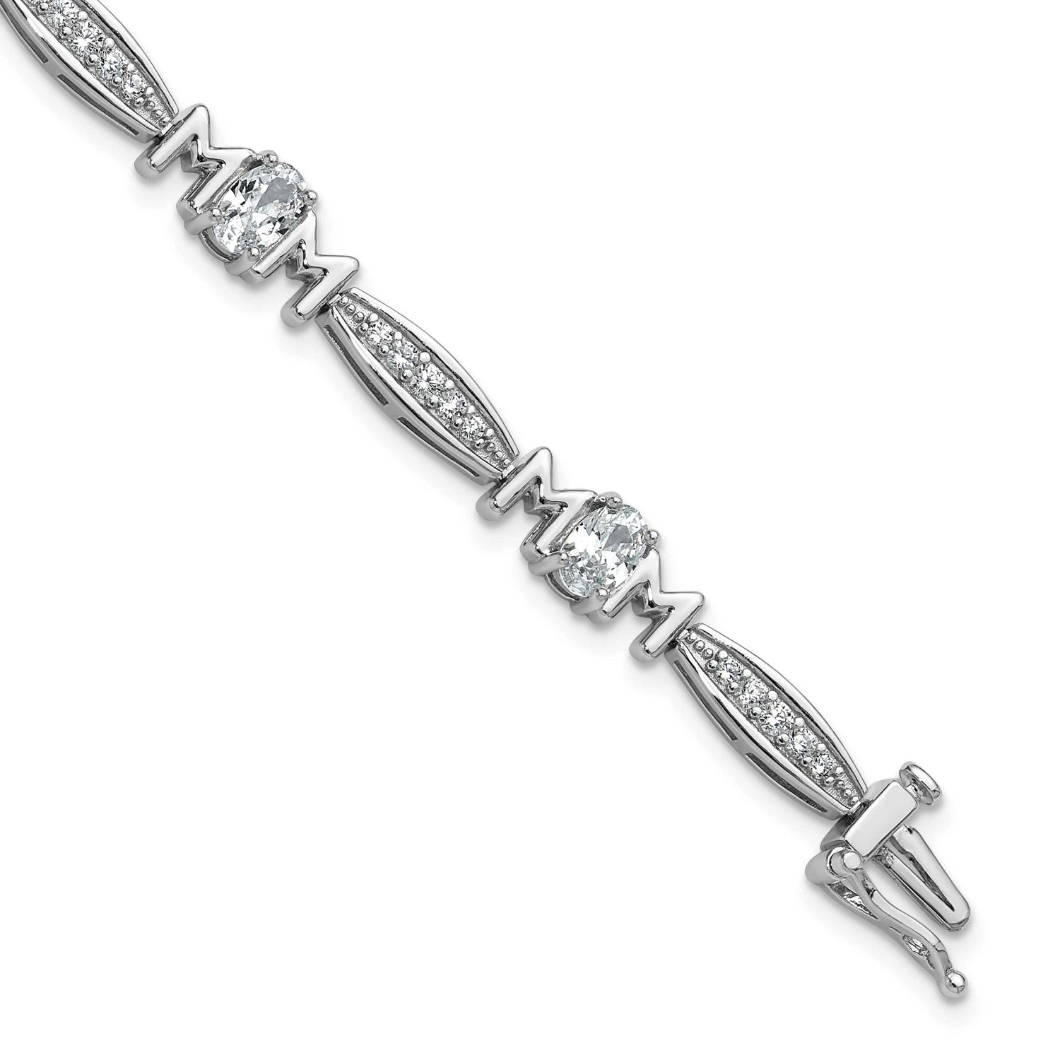 Cheryl M Polished CZ Mom with Safety Clasp Bracelet Sterling Silver Rhodium-plated, QCM1776-7.5, 19
