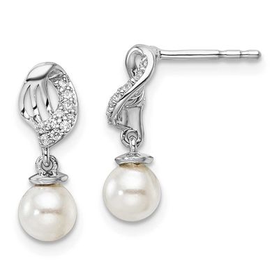 Polished Diamond and Pearl Dangle Post Earrings 14k White Gold, EM10181-010-WAA,