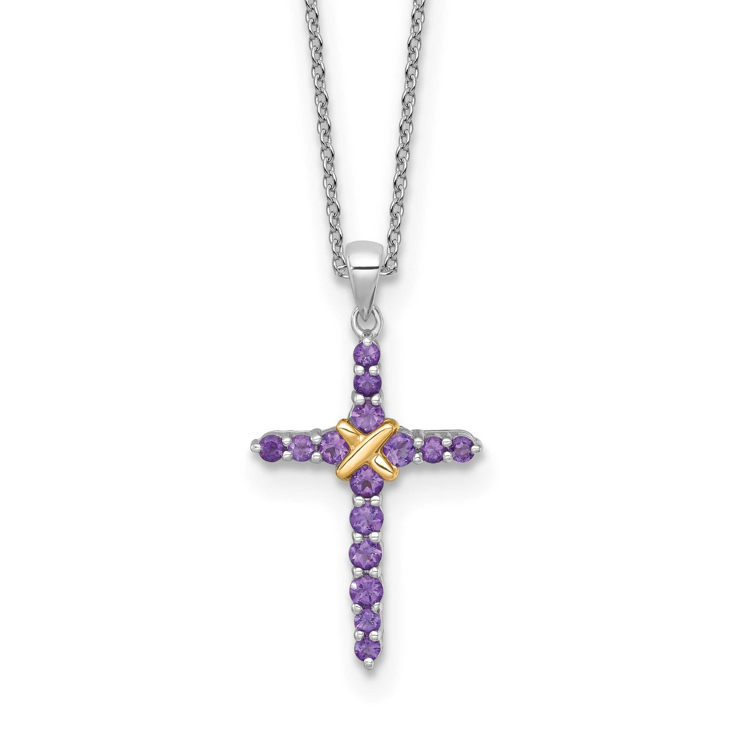 Shey Couture with 14k -X- Accent Round Amethyst Cross 18 inch with 2 inch Extension Necklace Sterli