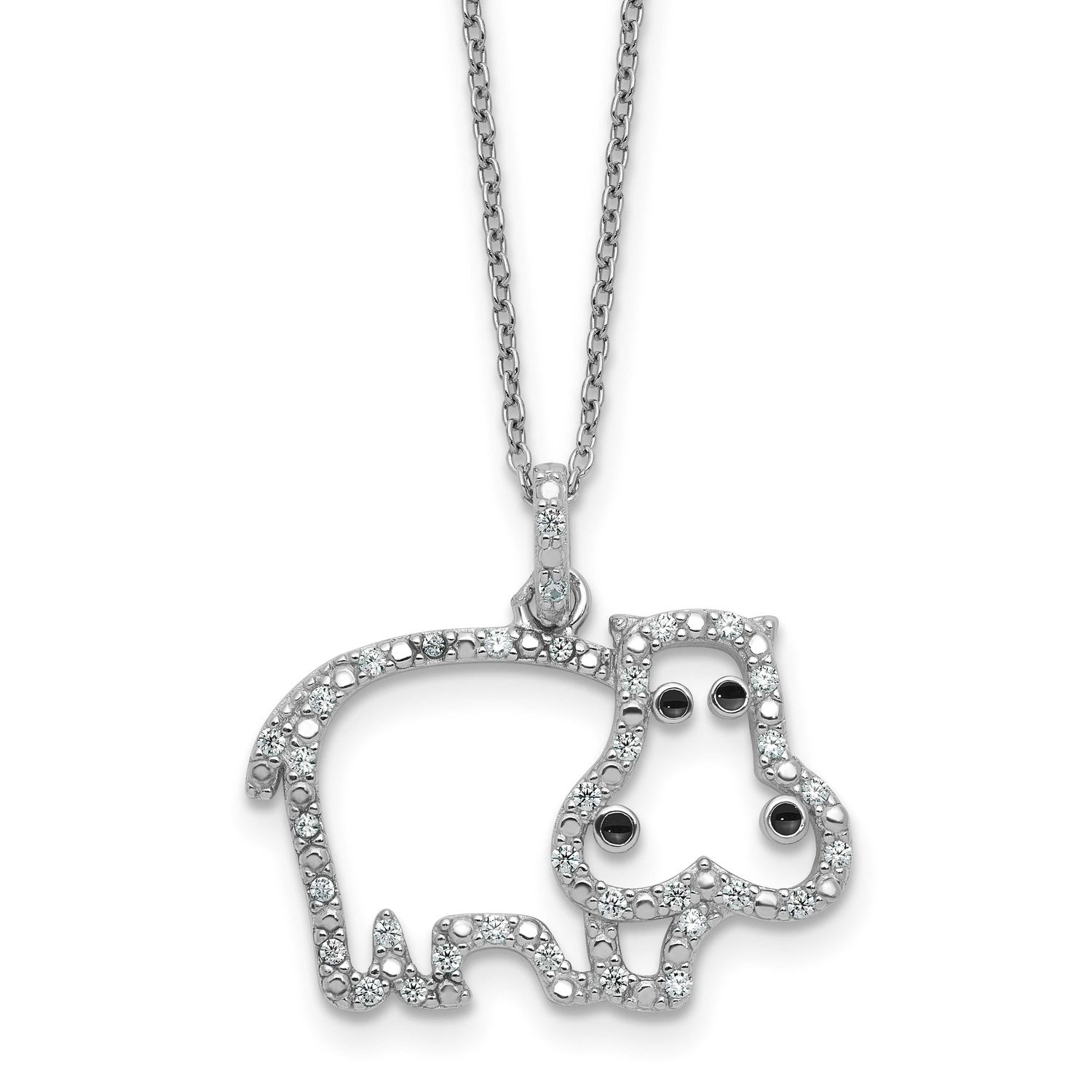 Cheryl M Polished and Enameled CZ Hippopotamus 16 Inch with 2 Inch Extension Necklace Sterling Silv