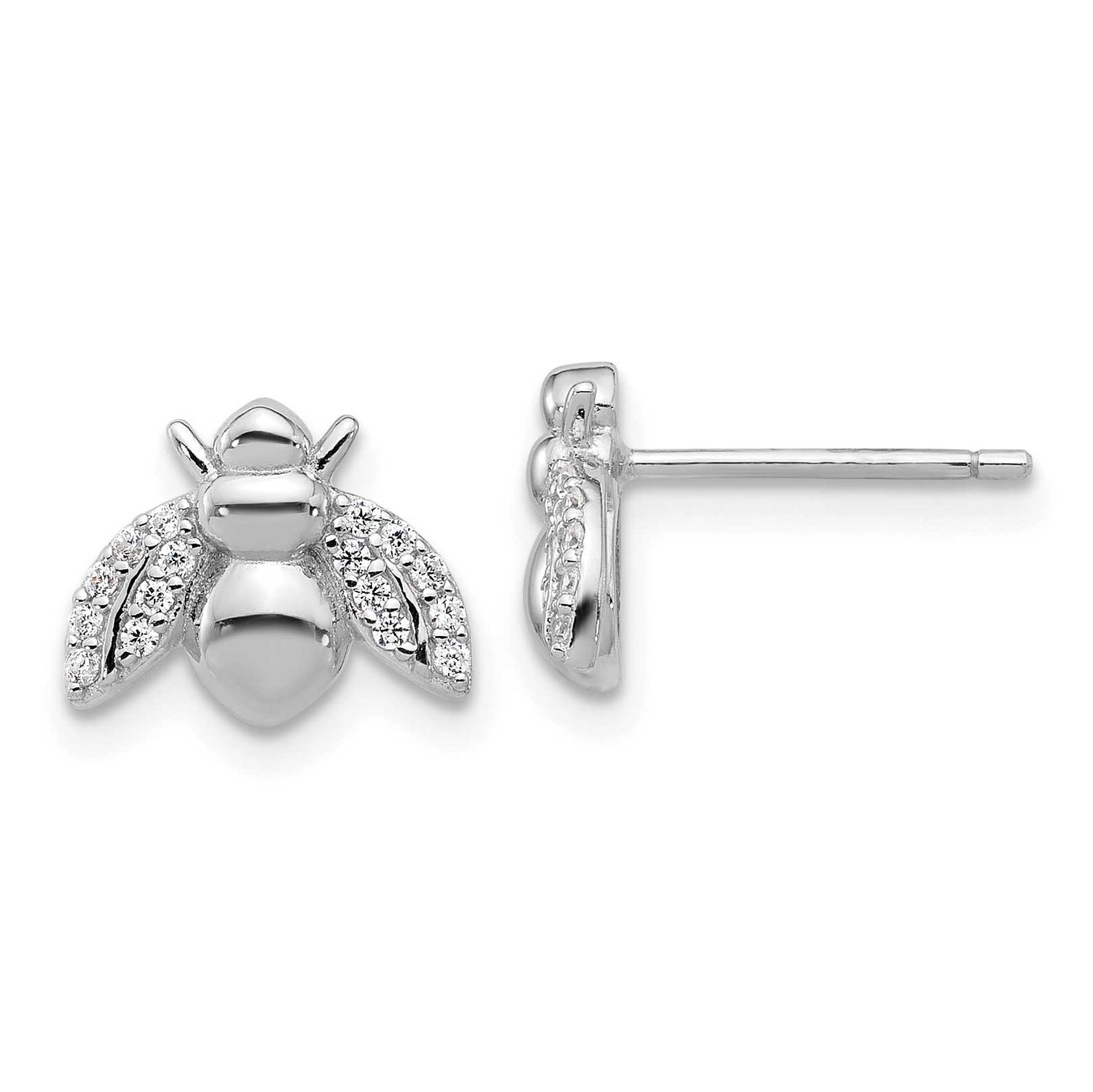Cheryl M Polished CZ Bee Post Earrings Sterling Silver Rhodium-plated, QCM1789, 196904278017