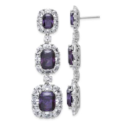 Cheryl M Polished Fancy Purple and White CZ Halo Cluster Post Dangle Earrings Sterling Silver Rhodi