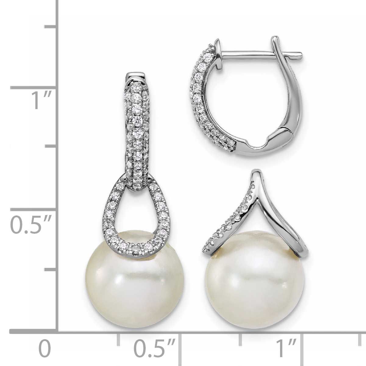Polished Diamond and Pearl Dangle Hoop Earrings 14k White Gold, EM9997-041-WAA,