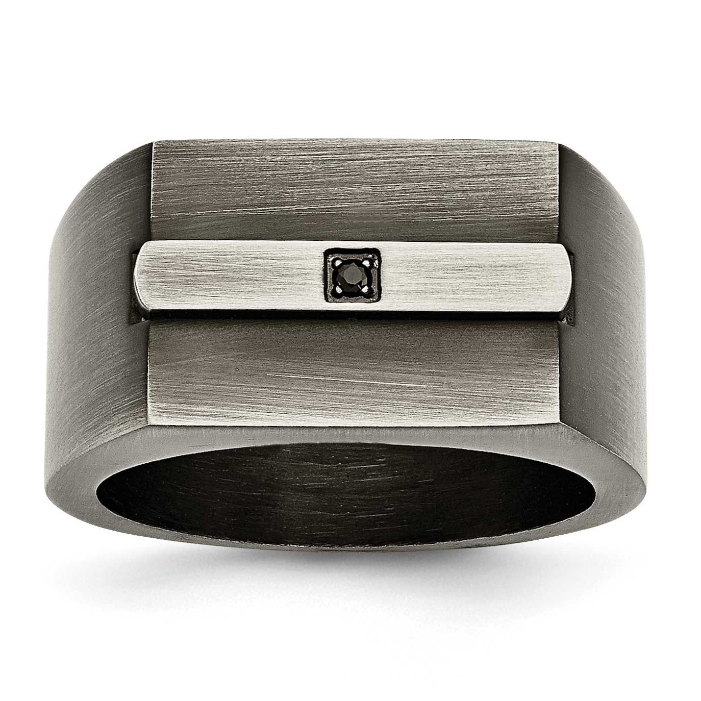 Antiqued and Brushed with Black CZ Signet Ring Stainless Steel, SR381-9, 191101020407