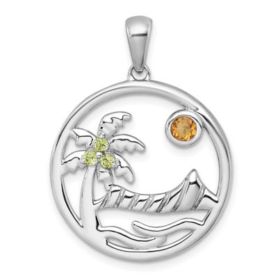 Polished and Grooved Citrine and Peridot Beach Scene Circle Pendant Sterling Silver Rhodium-plated,