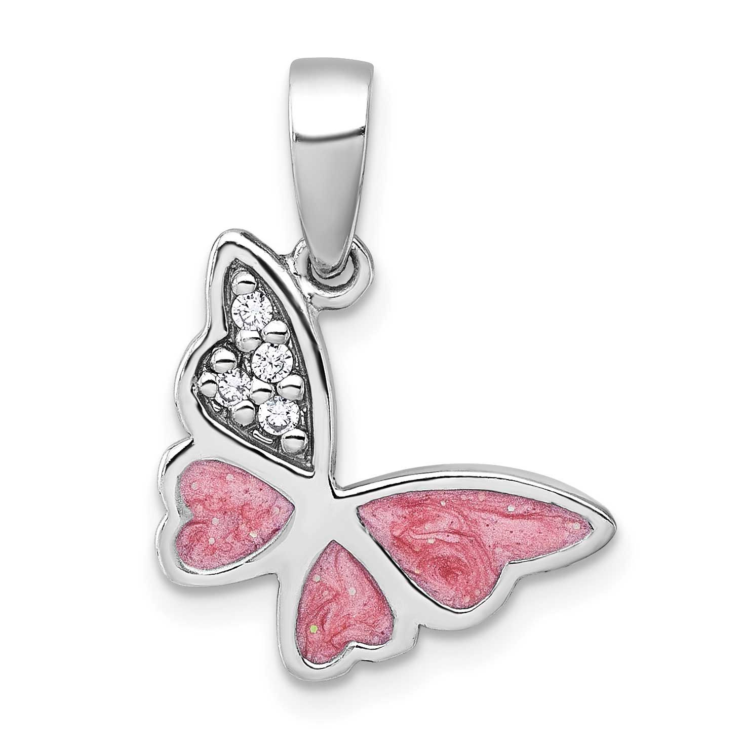 Polished CZ Enamel Pink Butterfly Pendant Sterling Silver Rhodium-plated, QG7235P,