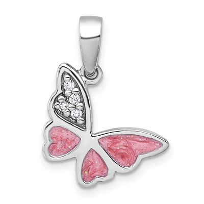 Polished CZ Enamel Pink Butterfly Pendant Sterling Silver Rhodium-plated, QG7235P,