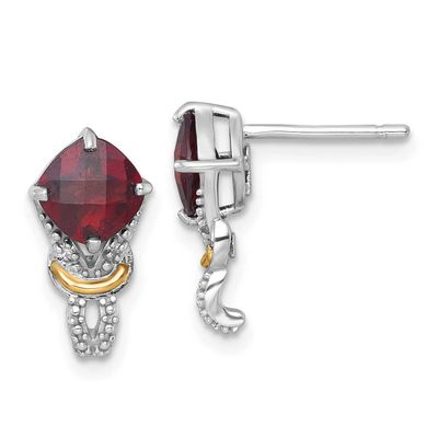 Shey Couture with 14k Accent Checker-cut Cushion Garnet and .02ct. Diamond Post Earrings Sterling S