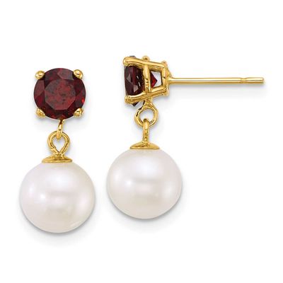 7-8mm White Round Freshwater Cultured Pearl and .70GA Garnet Post Dangle Earrings 14k Gold, XF878E/