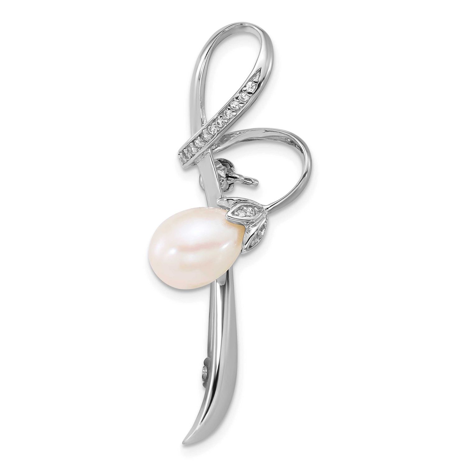 6-8mm White Teardrop Freshwater Cultured Pearl and CZ Pin Sterling Silver Rhodium-plated, QP5921,