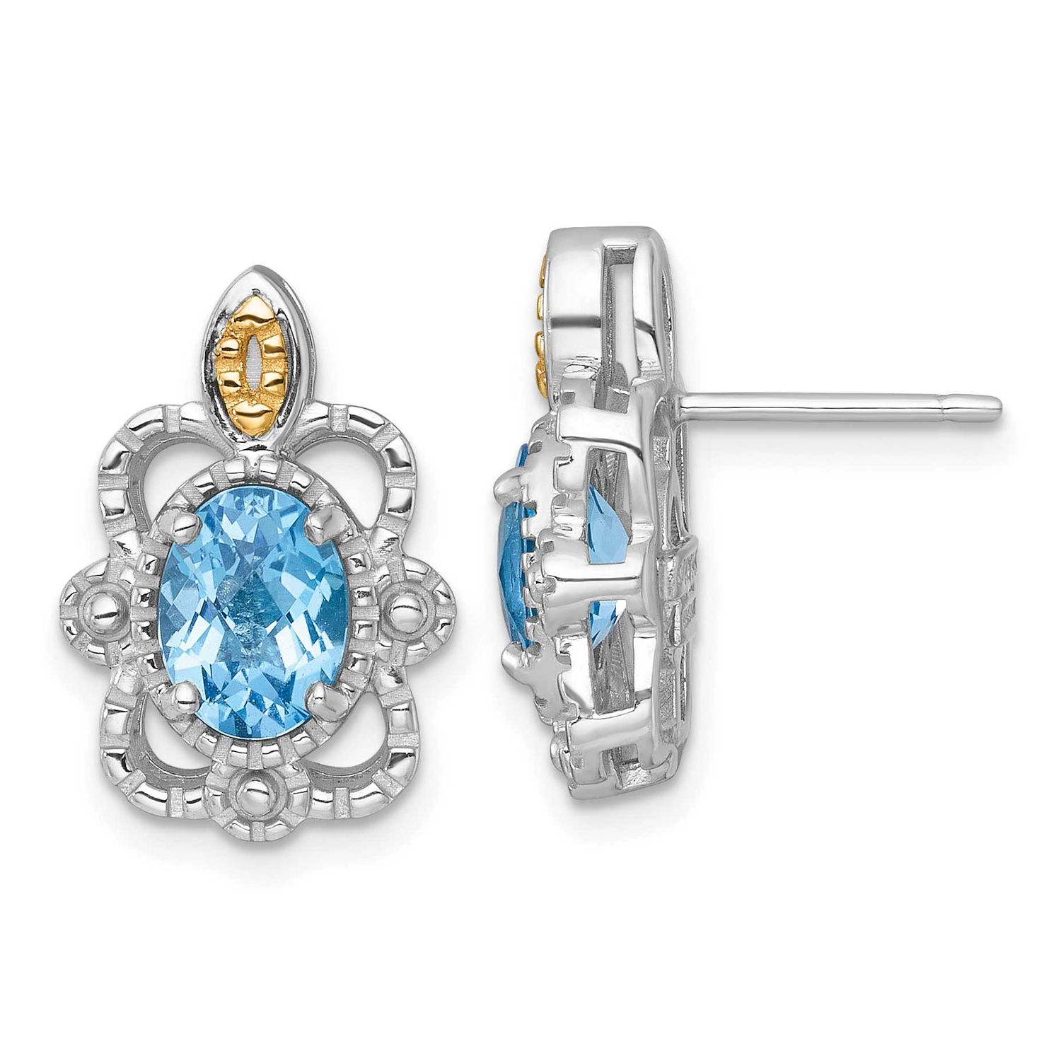 Shey Couture with 14k Accent Oval Light Swiss Blue Topaz Vintage Post Earrings Sterling Silver Rhod