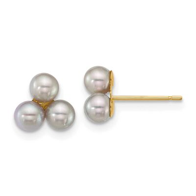 3-4mm Grey Button Freshwater Cultured 3 Pearl Post Earrings 14k Gold, XF892EG,