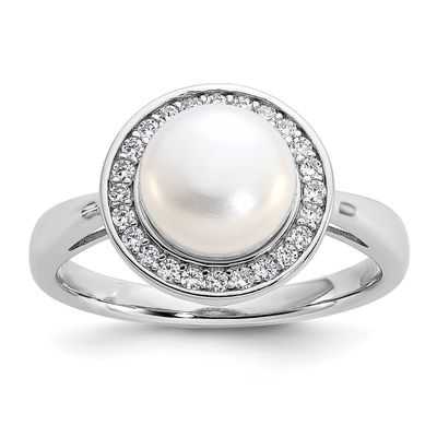 Cheryl M Polished Freshwater Cultured Pearl and CZ Halo Ring Sterling Silver Rhodium-plated, QCM183