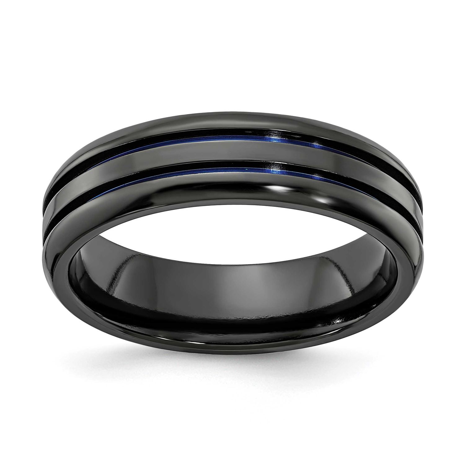 Edward Mirell Beveled &amp; Grooved Blue Anodized 6mm Band Black Ti, EMR105-6MM-12,