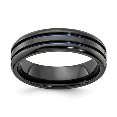 Edward Mirell Beveled &amp; Grooved Blue Anodized 6mm Band Black Ti, EMR105-6MM-12,