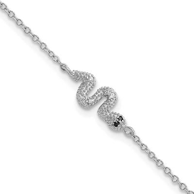 Cheryl M Polished Black and White CZ Snake 7 Inch with 1 Inch Extension Bracelet Sterling Silver Rh