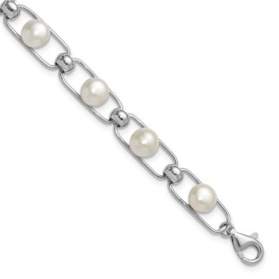 6-7mm White Button Freshwater Cultured Pearl Open Link 6.5 inch with 1 inch Extension Bracelet Ster