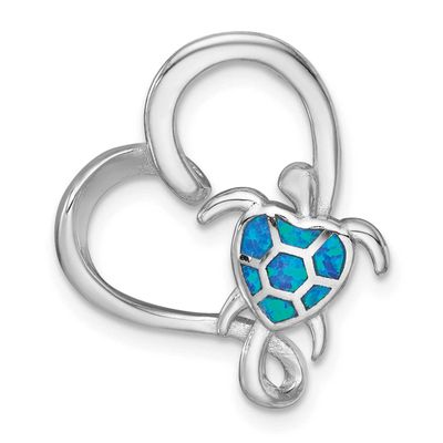 Blue Cr. Opal Turtle / Heart Chain Slide Pendant Sterling Silver Rhodium-plated, QC11593,