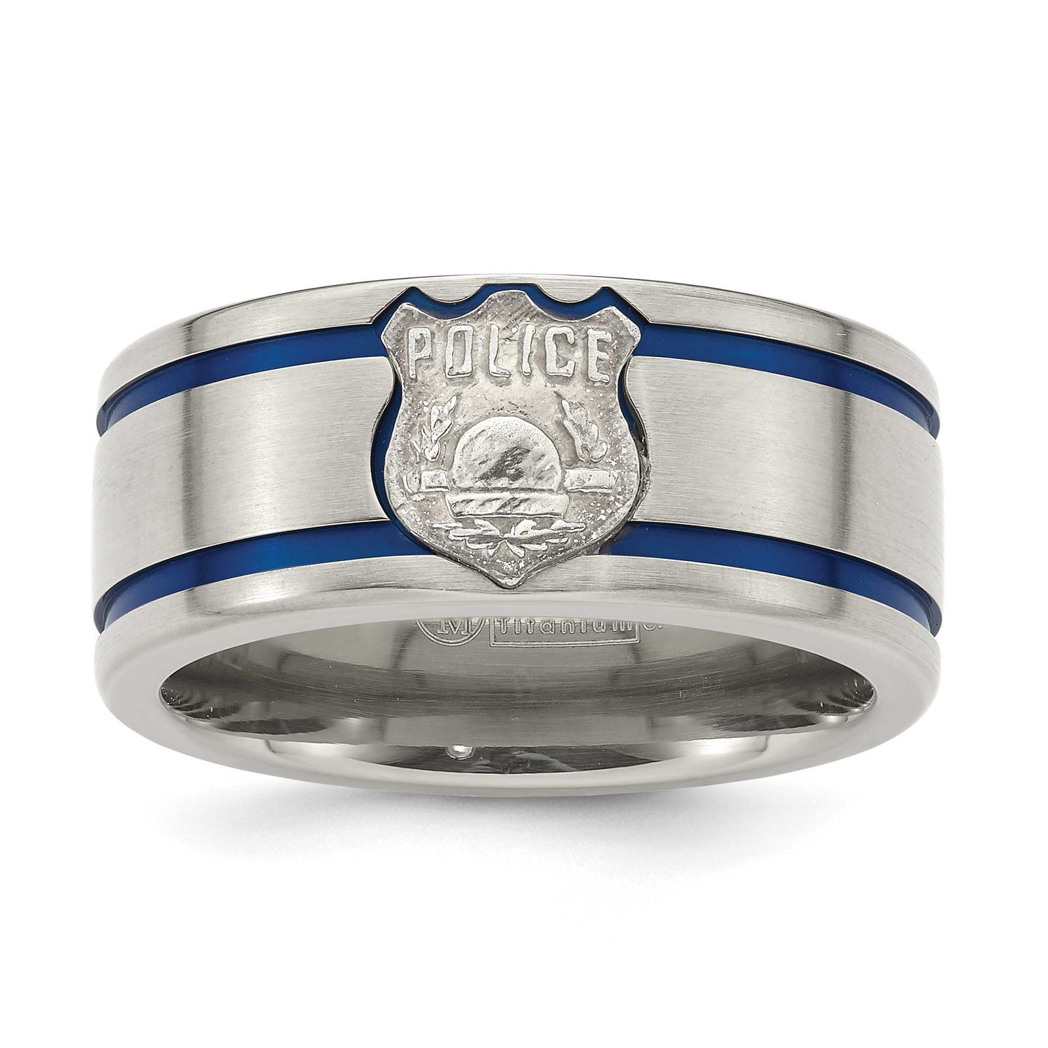 Edward Mirell Blue Anodized Double Groove with Sterling Silver Police Shield Flat 10mm Band Titaniu
