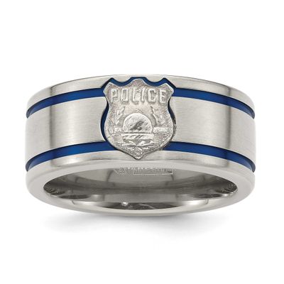 Edward Mirell Blue Anodized Double Groove with Sterling Silver Police Shield Flat 10mm Band Titaniu