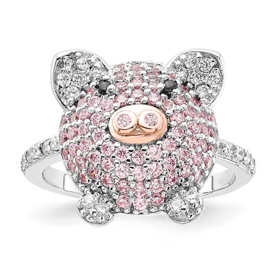 Cheryl M and Rose Gold-plated Polished Multicolor CZ Pig Ring Sterling Silver Rhodium-plated, QCM19