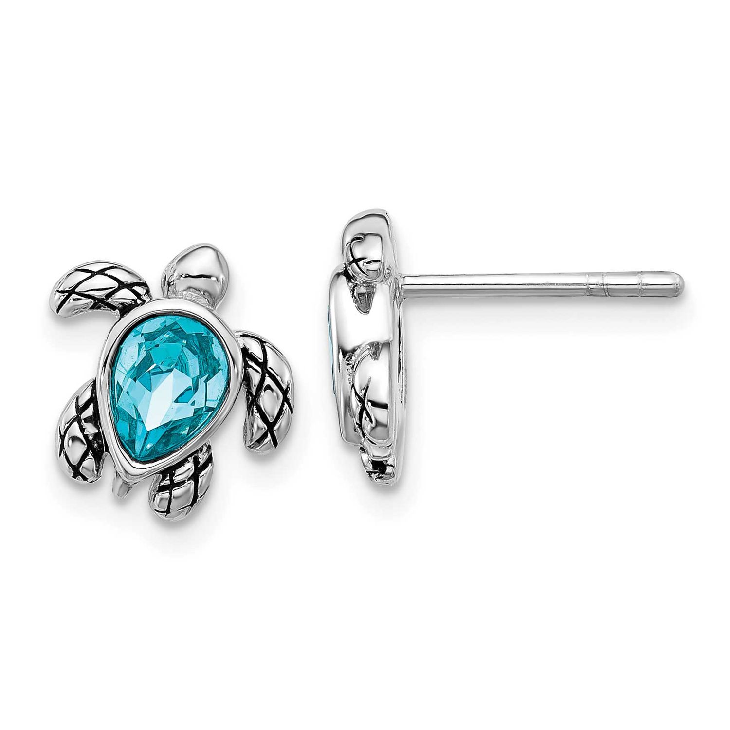 Polished and Antiqued Blue Crystal December Birthstone Turtle Earrings Sterling Silver Rhodium-plat