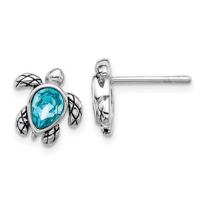 Polished and Antiqued Blue Crystal December Birthstone Turtle Earrings Sterling Silver Rhodium-plat…