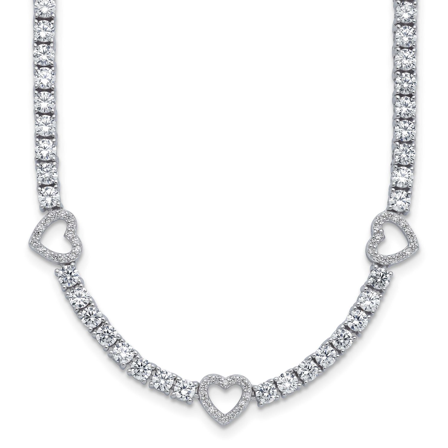 Cheryl M Polished CZ Hearts Necklace Sterling Silver Rhodium-plated, QCM1821-18, 196904278680