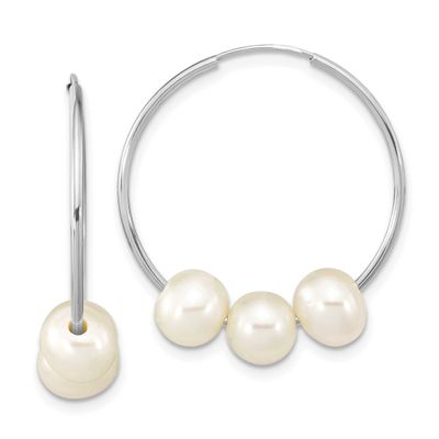 6-7mm White Semi-Round Freshwater Cultured 3 Pearl Hoop Earrings 14k White Gold, XFW793E,