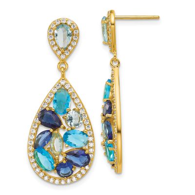 Cheryl M Polished Blue Glass and CZ Fancy Teardrop Post Dangle Earrings Sterling Silver Gold-plated