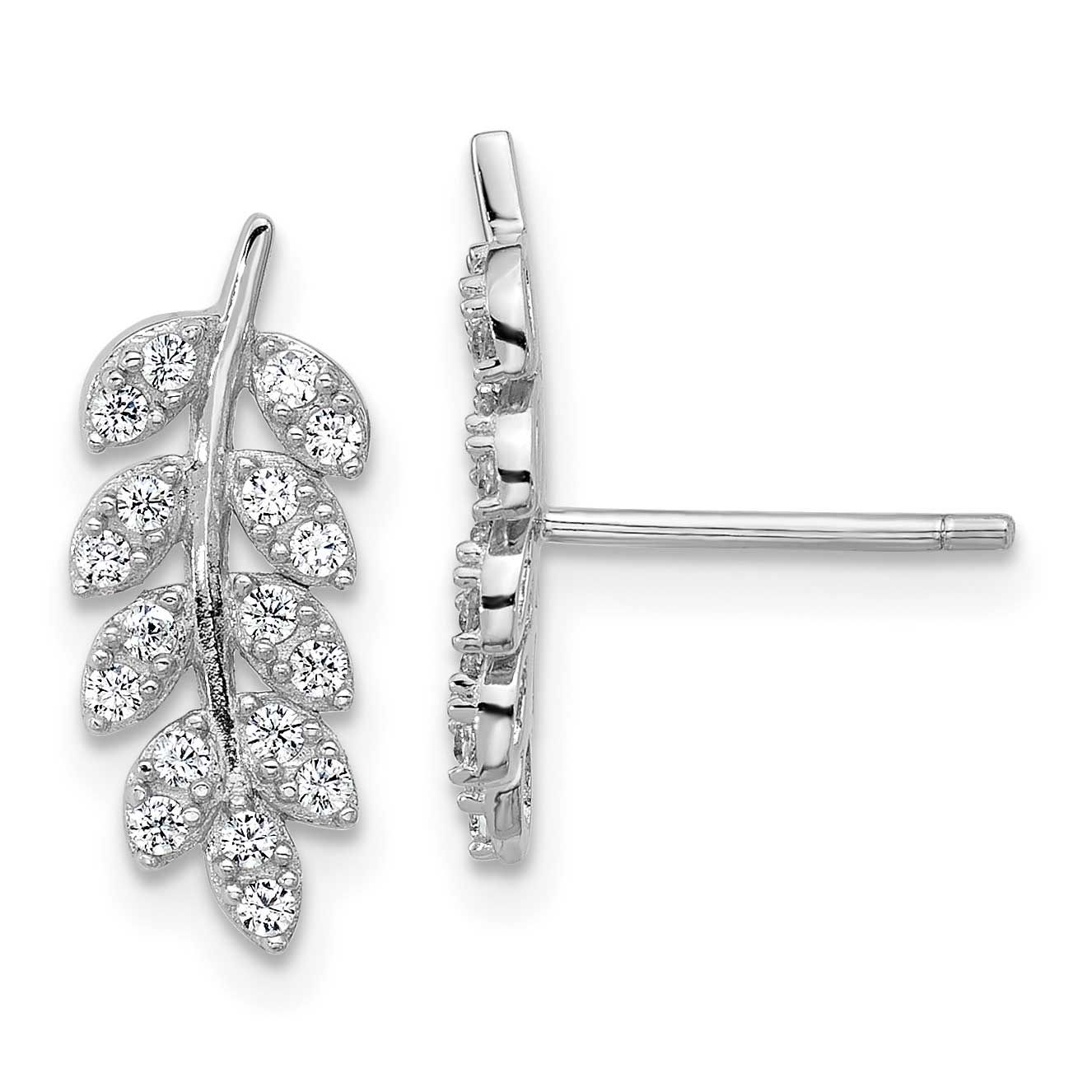 Cheryl M Polished CZ Leaf Post Earrings Sterling Silver Rhodium-plated, QCM1788, 196904277997