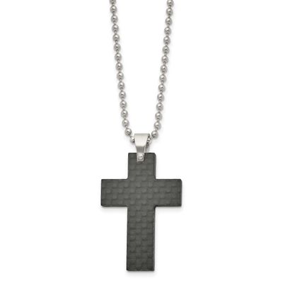 Black Solid Carbon Fiber Cross 22in Necklace Stainless Steel Brushed, SRN2425-22, 191101673320