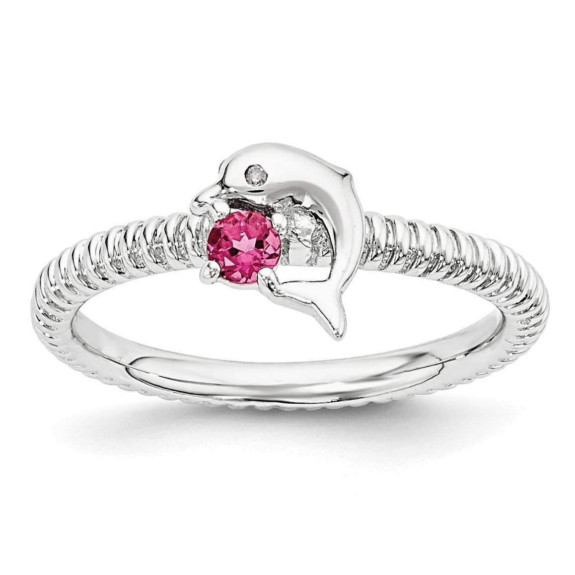 Stack Exp Pink Tourmaline &amp; Diamond Dolphin Ring Sterling Silver, QSK1854-7, 886774376325