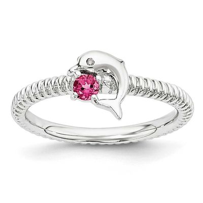 Stack Exp Pink Tourmaline &amp; Diamond Dolphin Ring Sterling Silver, QSK1854-7, 886774376325