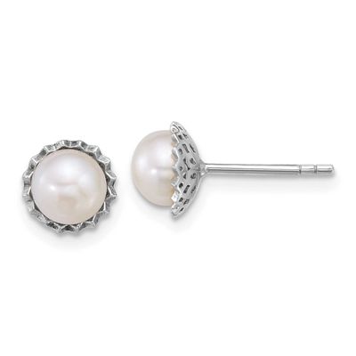 6-7mm White Button Freshwater Cultured Pearl Post Earrings Sterling Silver Rhodium-plated, QE18145,