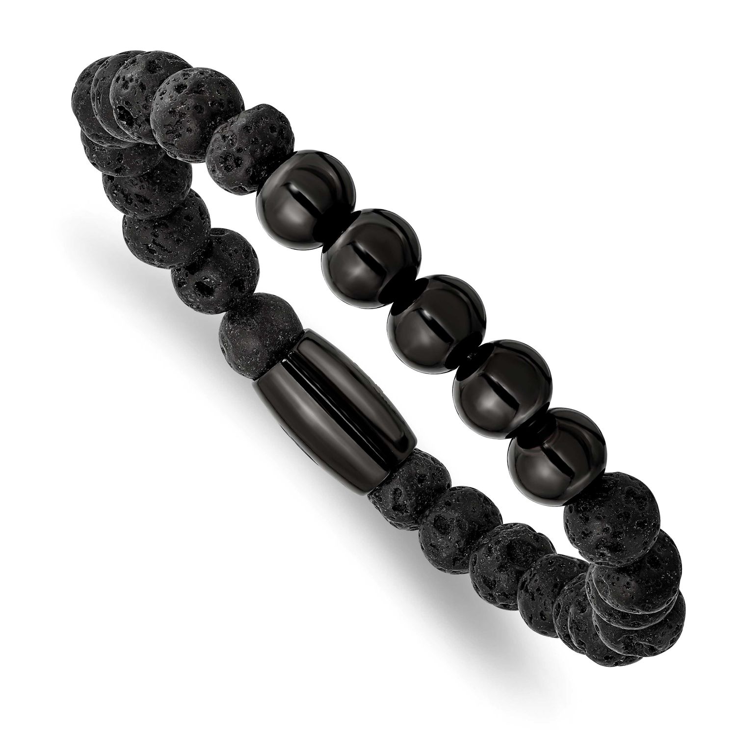 Black IP-plated 8mm Lava Stone Stretch Bracelet Stainless Steel Polished, SRB2711, 191101861642