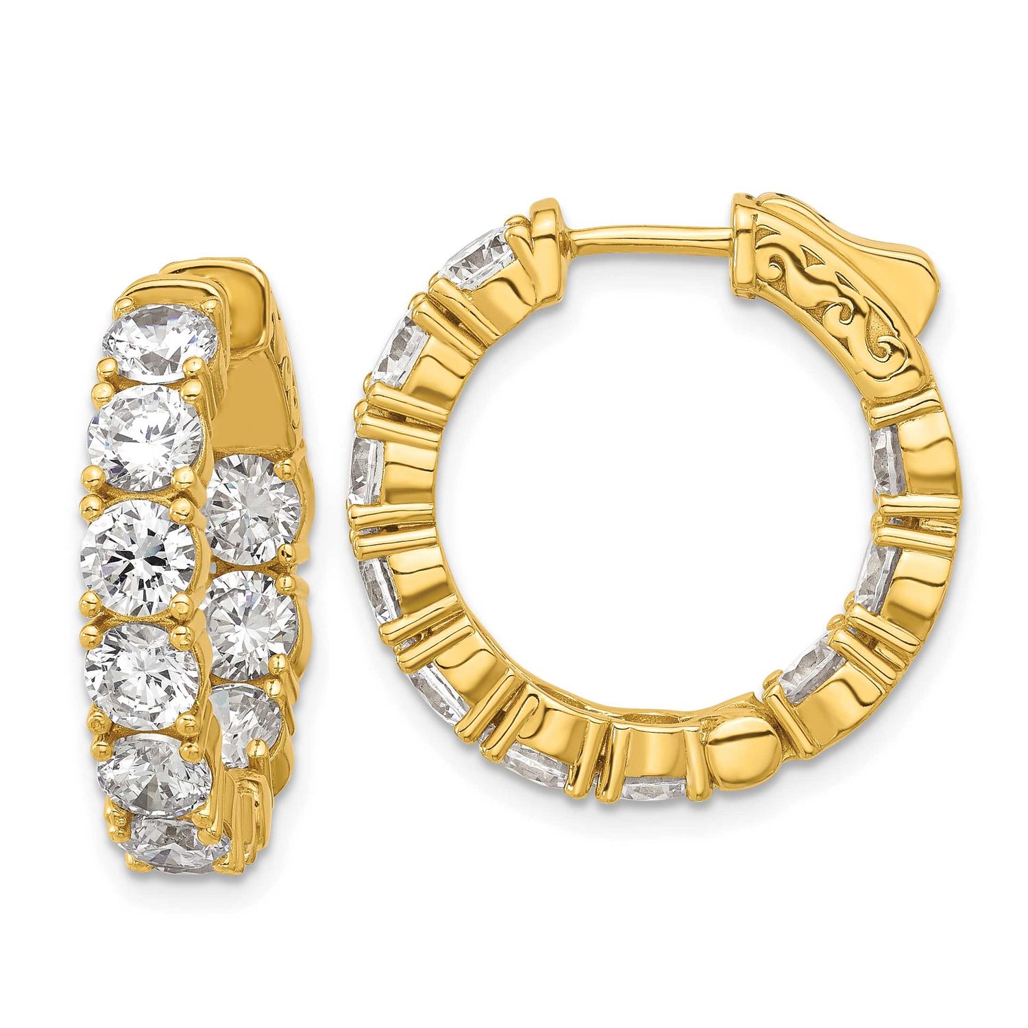 Gold-tone Flash Gold-plated 4.25mm CZ 20 Stone In and Out Hinged Hoop Earrings Sterling Silver, QE1