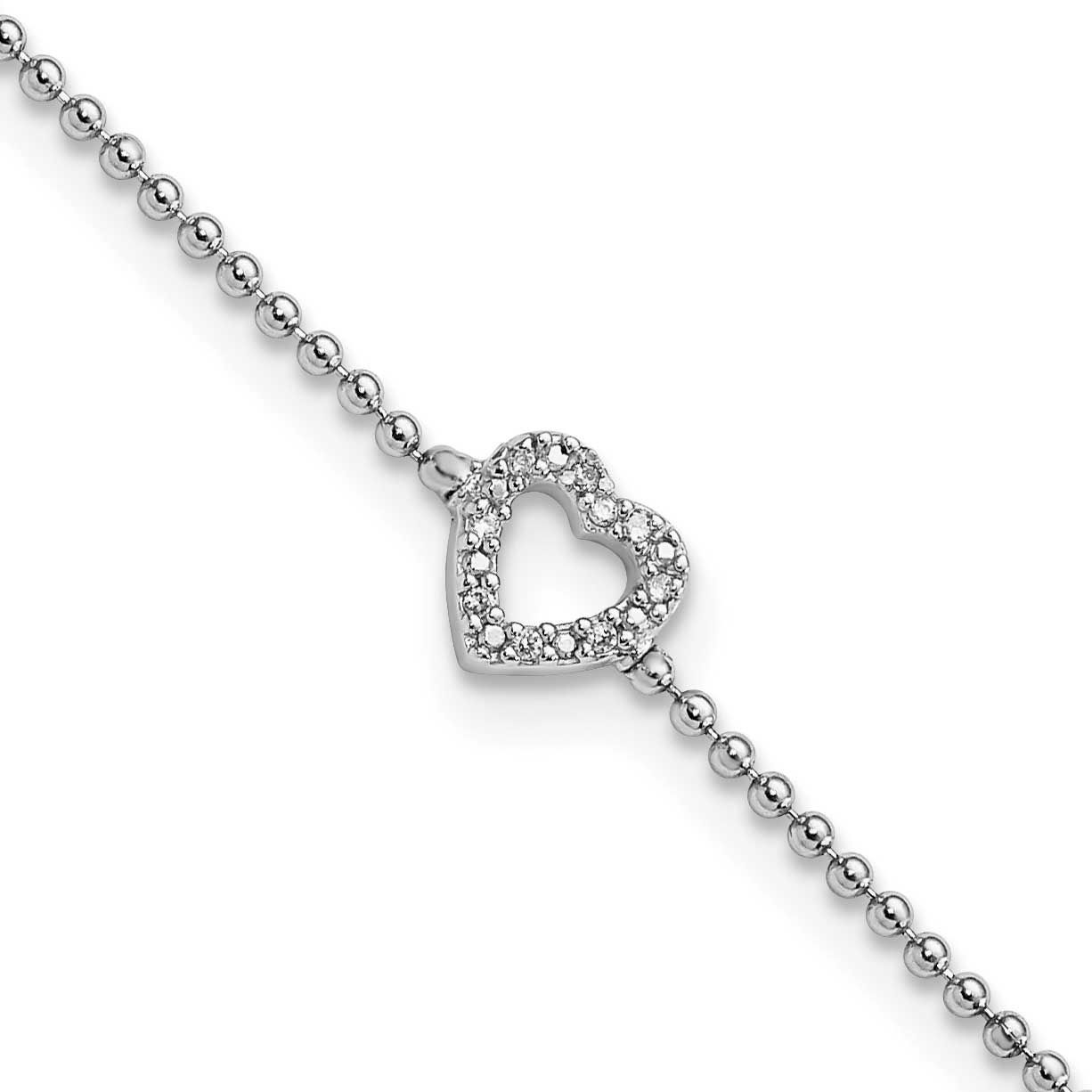 Cheryl M Polished and Beaded CZ Heart 9.5 Inch with 1 Inch Extension Anklet Sterling Silver Rhodium