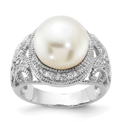 Cheryl M Polished and Textured CZ and Freshwater Cultured Pearl Ring Sterling Silver Rhodium-plated